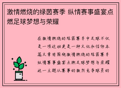 激情燃烧的绿茵赛季 纵情赛事盛宴点燃足球梦想与荣耀